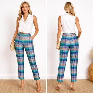 Ralph Lauren Silk Plaid Pants Sz 12 Y2K Vibrant Tapered Ankle Preppy Chic